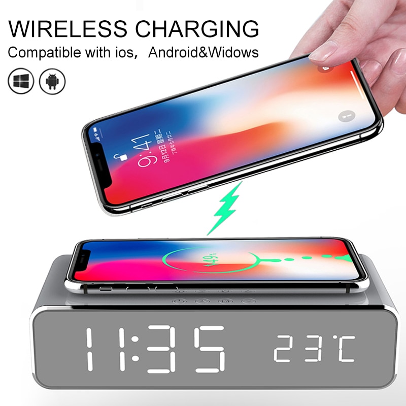 10W Qi Wireless Charger LED Electric Alarm Clock Digital Thermometer Clock HD Mirror Clock with Phone Wireless Charger And Date
